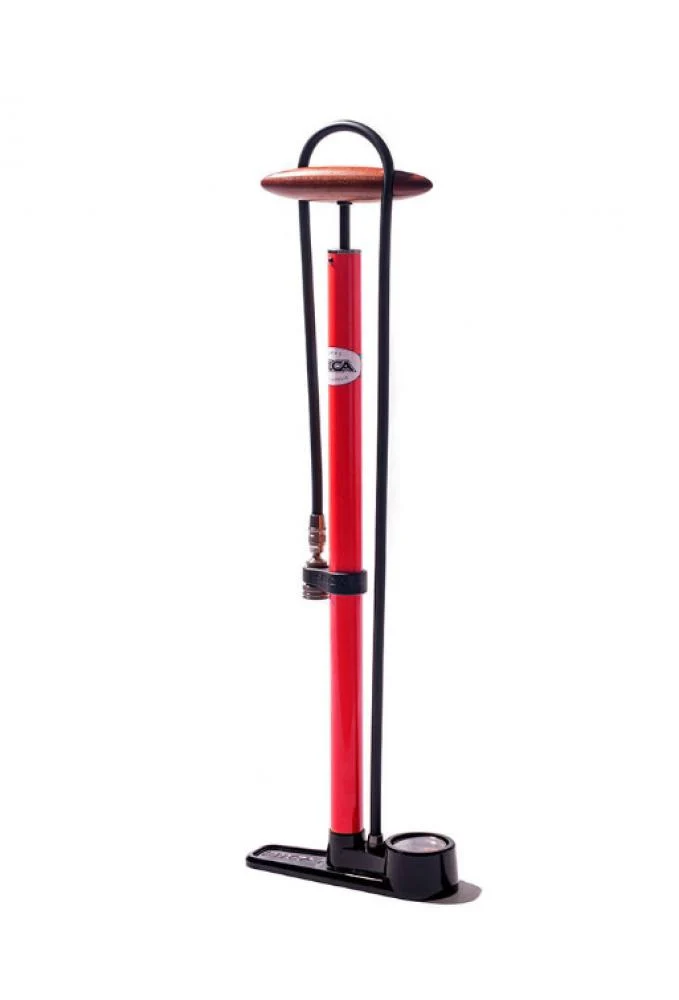 Silca SILCA Pista Standpumpe Rot  Hochdruck-Standpumpe mit Stahlzylinder, Eschenholzgriff, Lederkolbendichtung, bis 15 bar, für Presta/Schrader-Ventile, inkl. Manometer