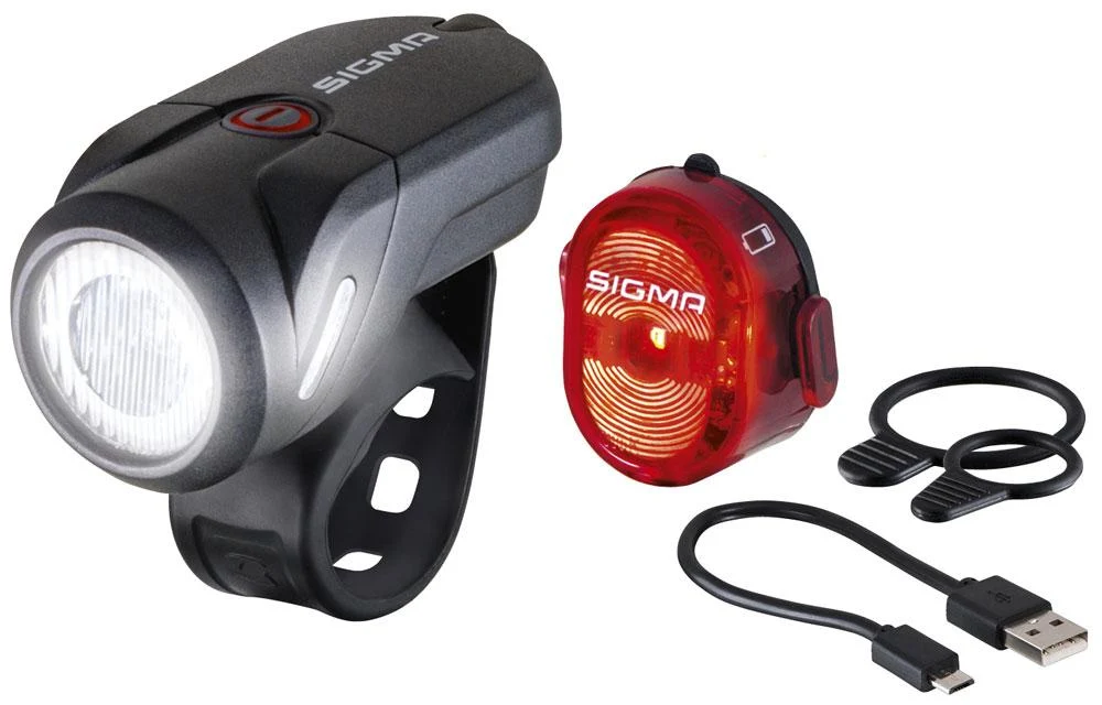 Sigma Sigma Akku-LED-Beleuchtungsset Aura 35 USB (35 Lux/45 m, 2 Modi, Micro-USB, StVZO) + Nugget II Rücklicht (400 m Sicht, USB)