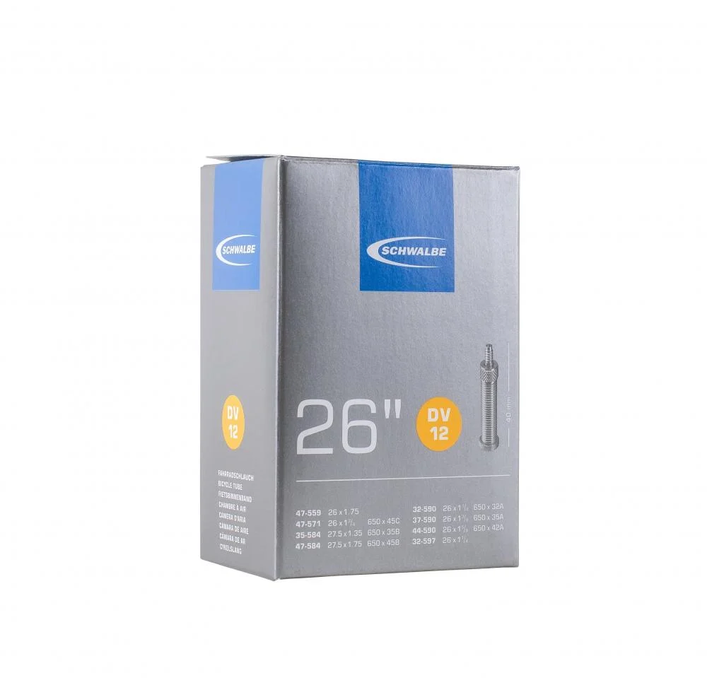 Schwalbe Schwalbe Fahrradschlauch DV12, 26x1.20-1.75", Dunlop-Ventil 40mm, passend für Reifengrößen 32-47/559-597, Butyl-Gummi, 140g, hohe Luftdruckstabilität, zuverlässig