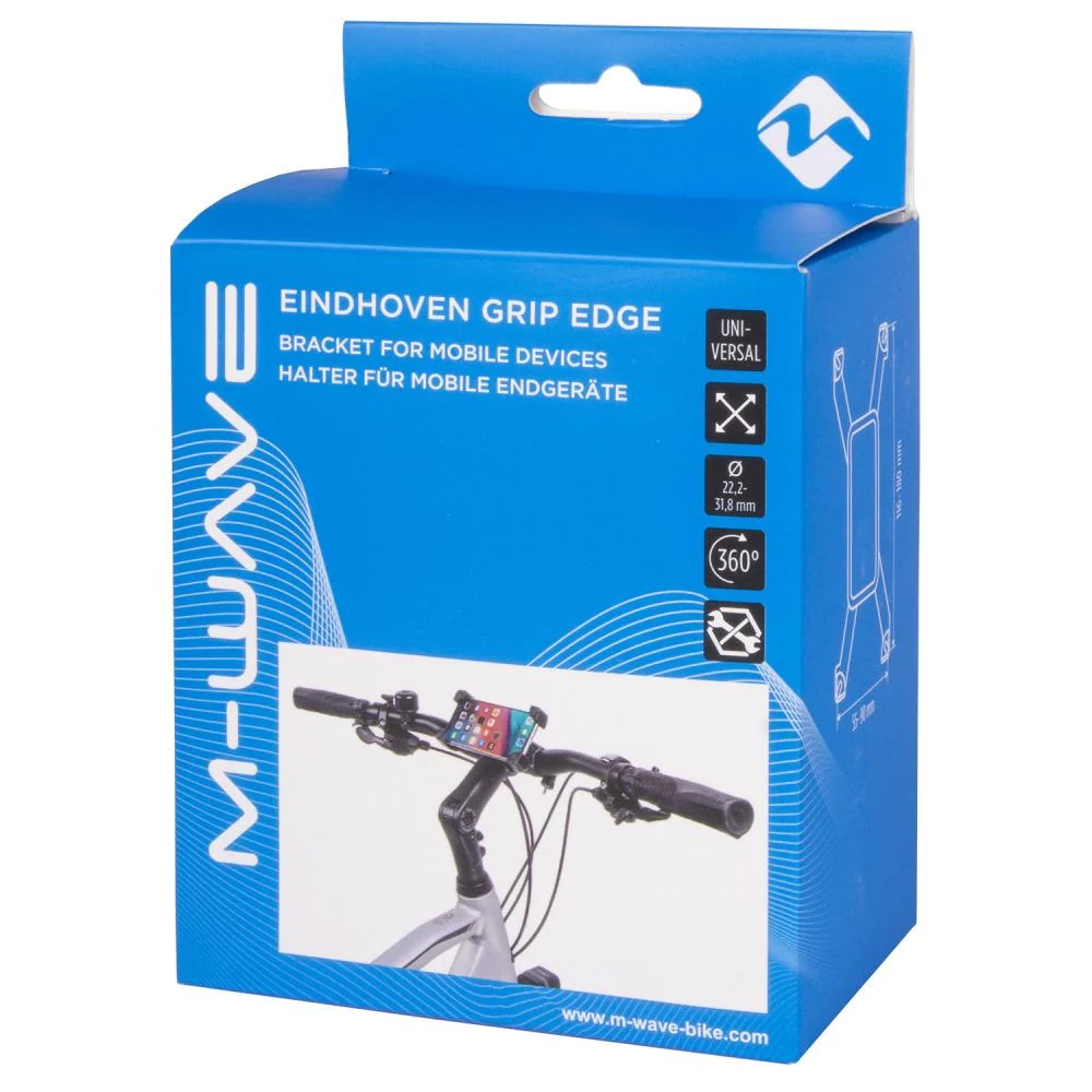 M-Wave Eindhoven Grip Edge Smartphone-Halter, 360° drehbar, Clip-On für Ø 22,2-31,8 mm, ABS, universal, stoßdämpfend SmartphoneHalterung – Hauptansicht
