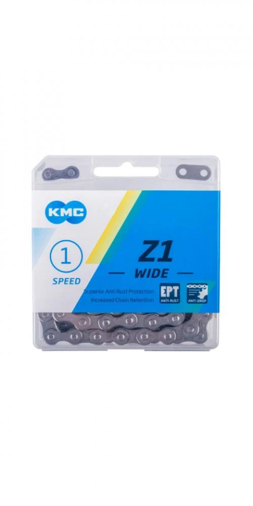 KMC KMC Z1 Wide EPT Fahrradkette 1/2" x 1/8", 112 Glieder, 8,6 mm Breite, EcoProTeQ Antirost-Beschichtung, LongLife-Technologie, für Singlespeed, Nabenschaltungen, BMX, Fixie, mit Snap-On Verschlussglied